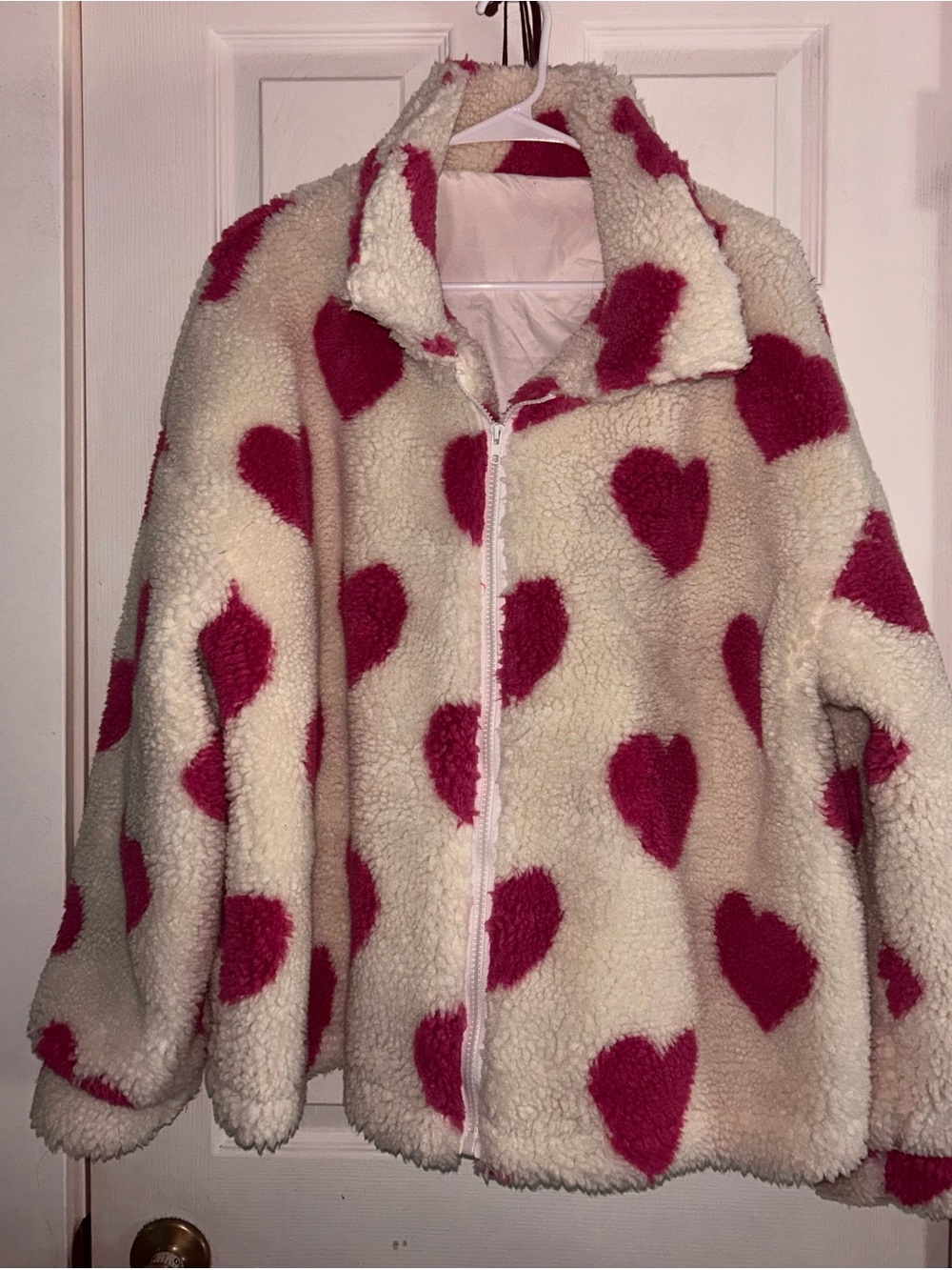 SHEIN Cream Sherpa Jacket with Pink Heart Print